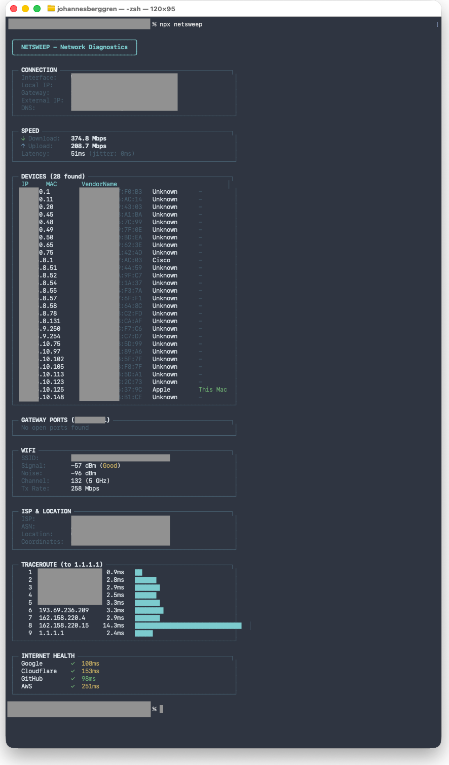 Netsweep running in a terminal